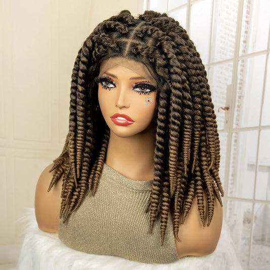 16 Inch Brown Twisted Braided Bob Wig | Full Lace | Kanekalon Fiber | For Black Women