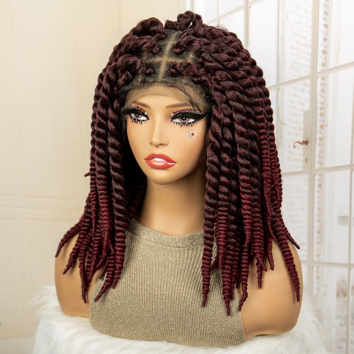 16 Inch Brown Twisted Braided Bob Wig | Full Lace | Kanekalon Fiber | For Black Women - Luxegan