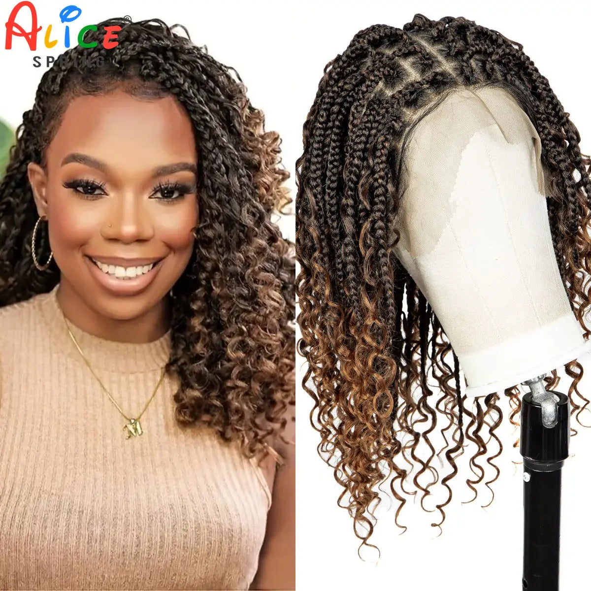 Ombre Boho Knotless Braids Bob Wig with Curly Ends | Full Lace Luxegan
