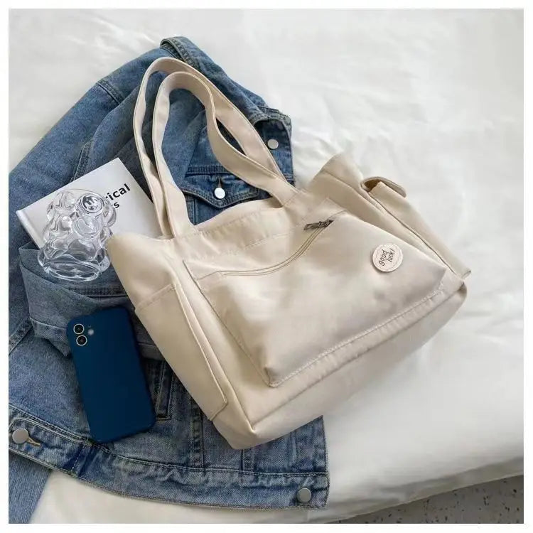 Large Capacity Canvas Commuter Tote | Sophisticated Student Class Shoulder Bag | Elegant Embroidery & Sequin Handbag | "Dignified" Eco-Friendly Daily Bag for Versatile Urban Styling Luxegan