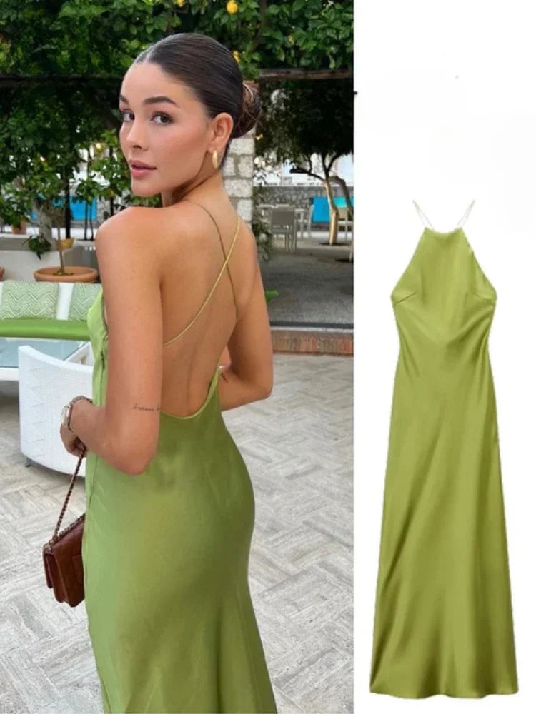 Solid Streetwear Slash Neck Spaghetti-Strap Sleeveless Slim A-Line Mid-Calf Dress – Slight-Stretch Polyester, Empire Waist, Spring/Summer Luxegan