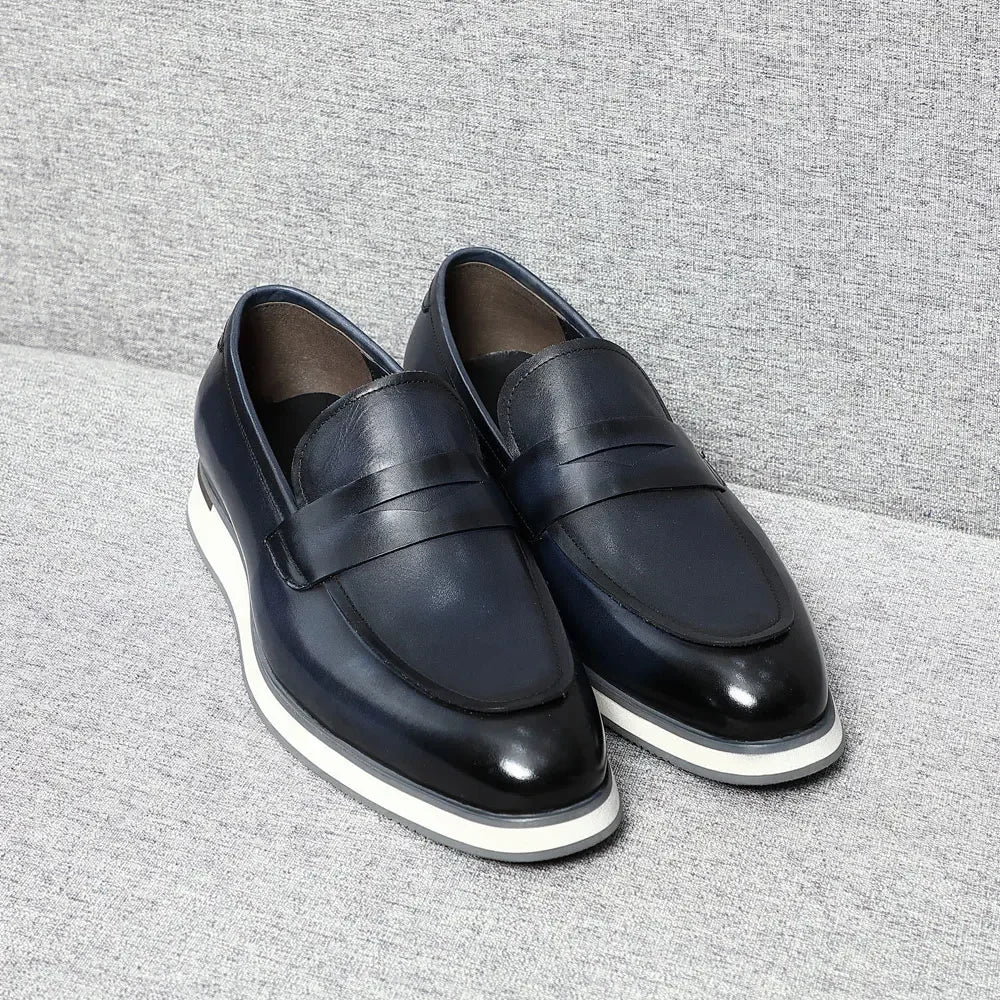 Classy Men's Genuine Cow Leather Penny Loafers | Blue & Black Casual Business Flats (Breathable) Luxegan