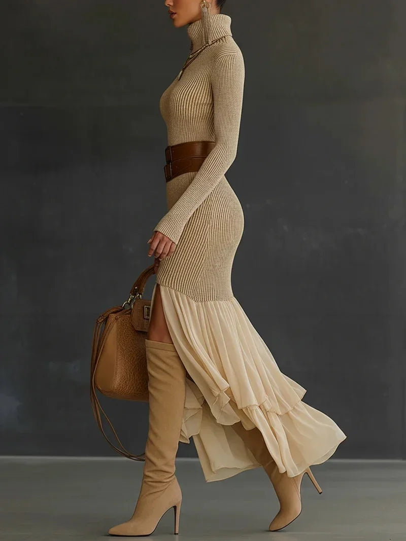 Women's Elegant Knitted Turtleneck Bodycon Dress | Classic Chiffon Patchwork Autumn Long Dress | Vintage Slim Full-Sleeve Ankle-Length Gown | Premium Slight Stretch Knit Mermaid Dress Luxegan