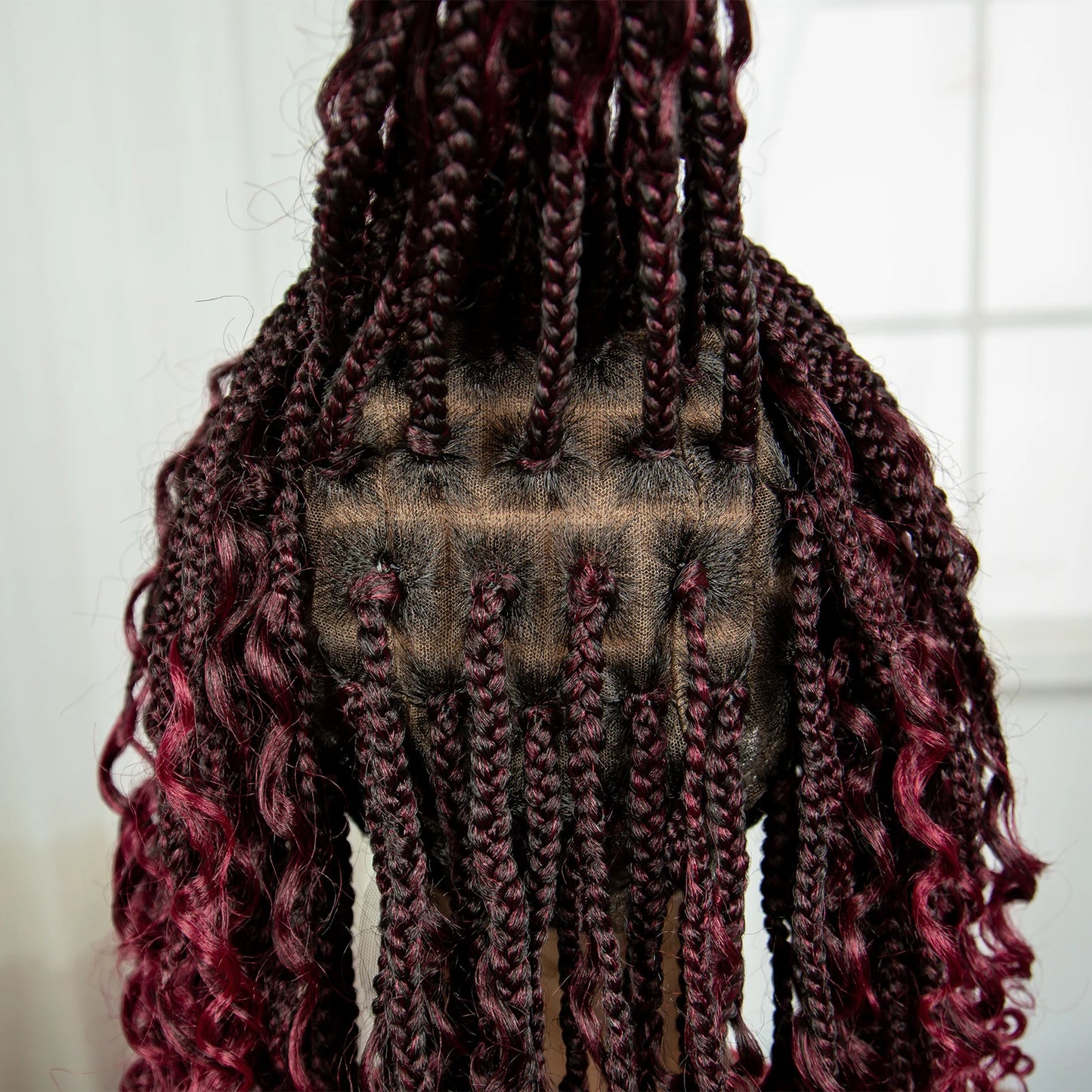 Burgundy Curly Ends Knotless Braids Bob Wig | 99J | Full Lace | Boho Style Luxegan