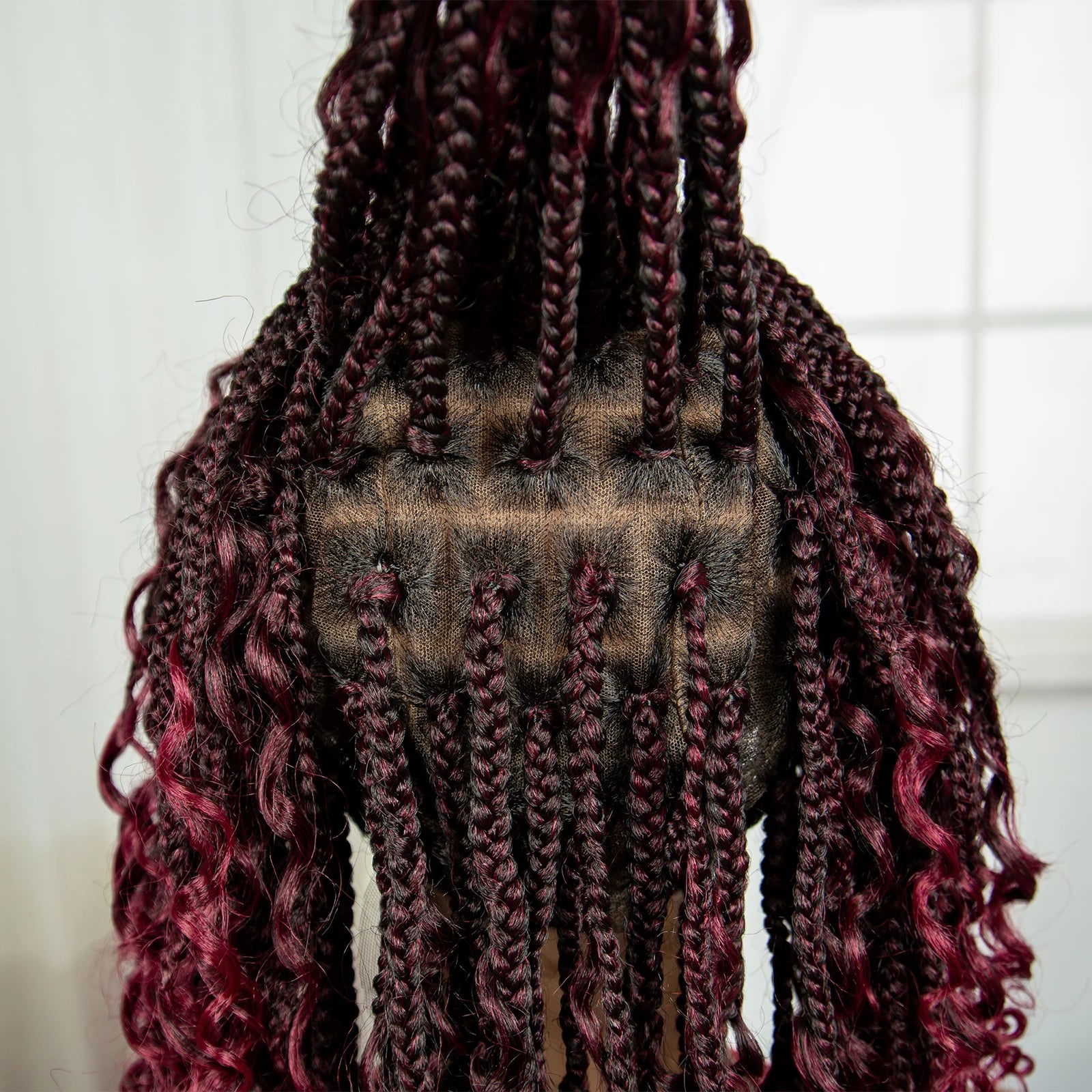 Burgundy Curly Ends Knotless Braids Bob Wig | 99J | Full Lace | Boho Style Luxegan