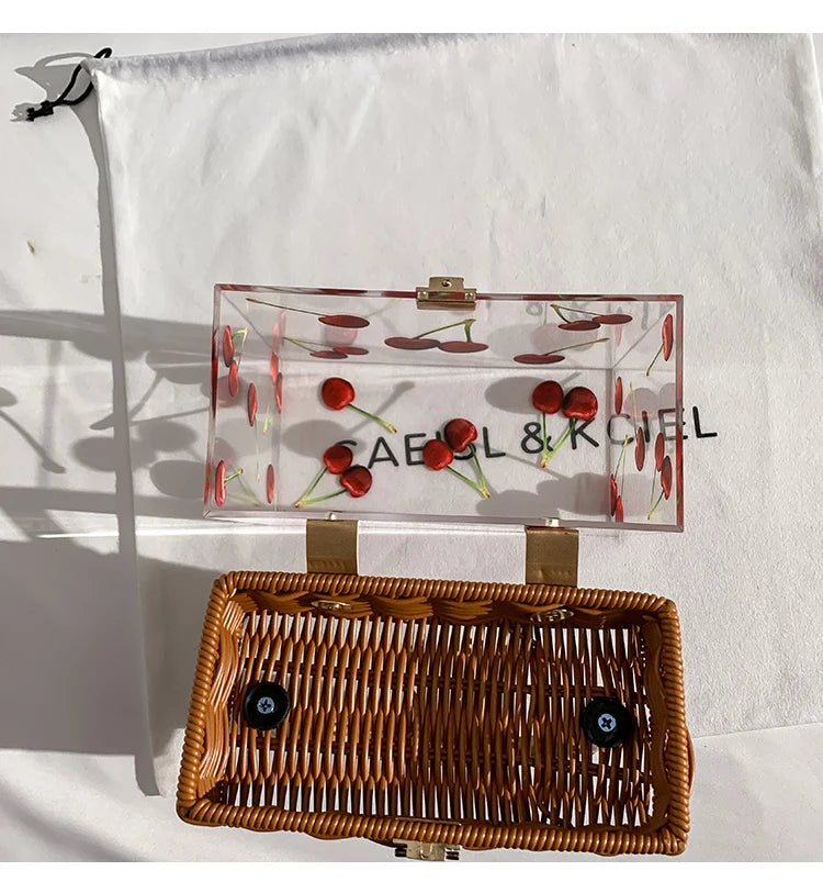 Transparent Acrylic Patterned Square Box Bag | Handmade Bamboo Woven Handheld Bag | Luxury Fashion Holiday Beach Handbag & Vacation Clutch Luxegan