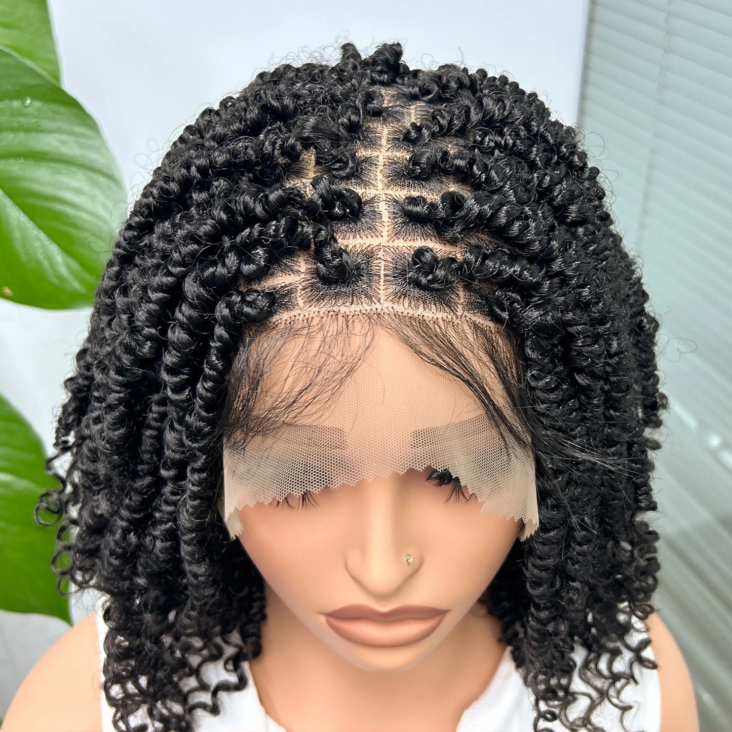 Knotless Box Braided Bob Wig with Curly Ends | Short Twist Braids | Synthetic Lace Front Wig | Handmade for Black Women Luxegan