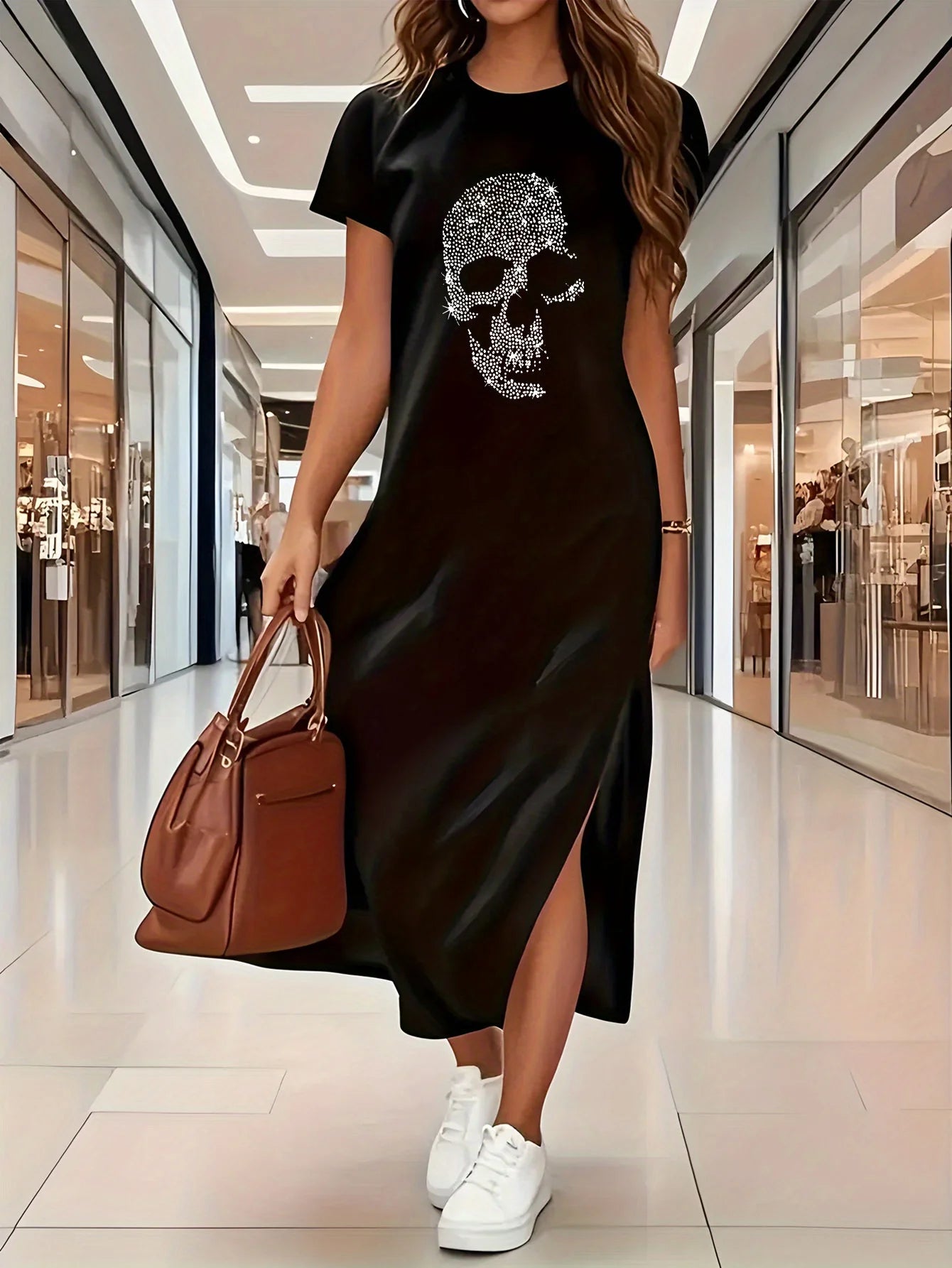 Women's Summer Graphic Print Long T-Shirt Dress | Casual Color Clashing Spaghetti Strap Midi Dress | Soft Cotton Blend Medium Stretch Sheath Dress | Sexy & Club Spring/Summer Lounge Gown Luxegan