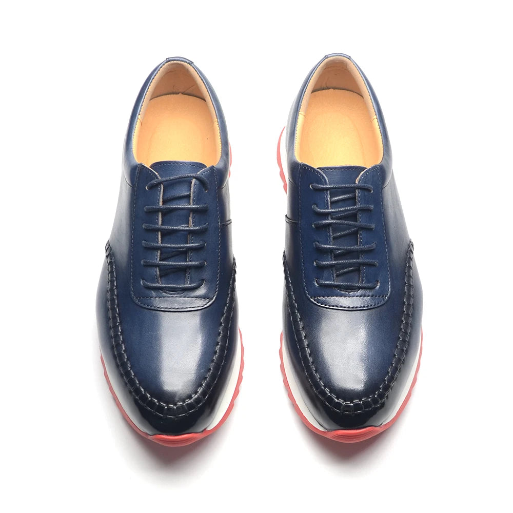 Classy Men's Genuine Leather Low Top Sneakers | Red Bottom Lace-Up Casual Dress Shoes (Breathable) Luxegan