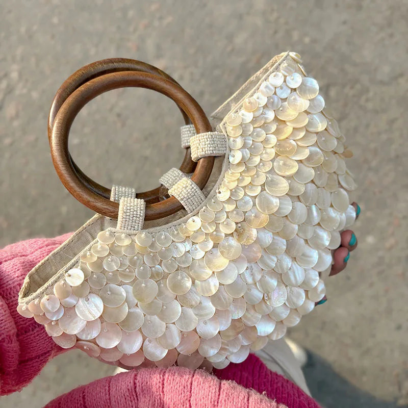 NEW Wood Top-Handle White Crystal Clutch Bag | High Quality Women's Wedding Hand Woven Handbags & Fashion Bags Luxegan