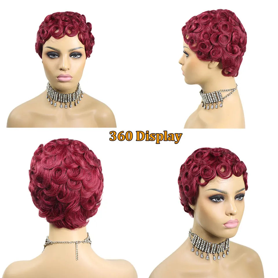 99J Burgundy & Natural Black Pixie Cut Wig | 150% Density Glueless Remy Human Hair Bob Luxegan