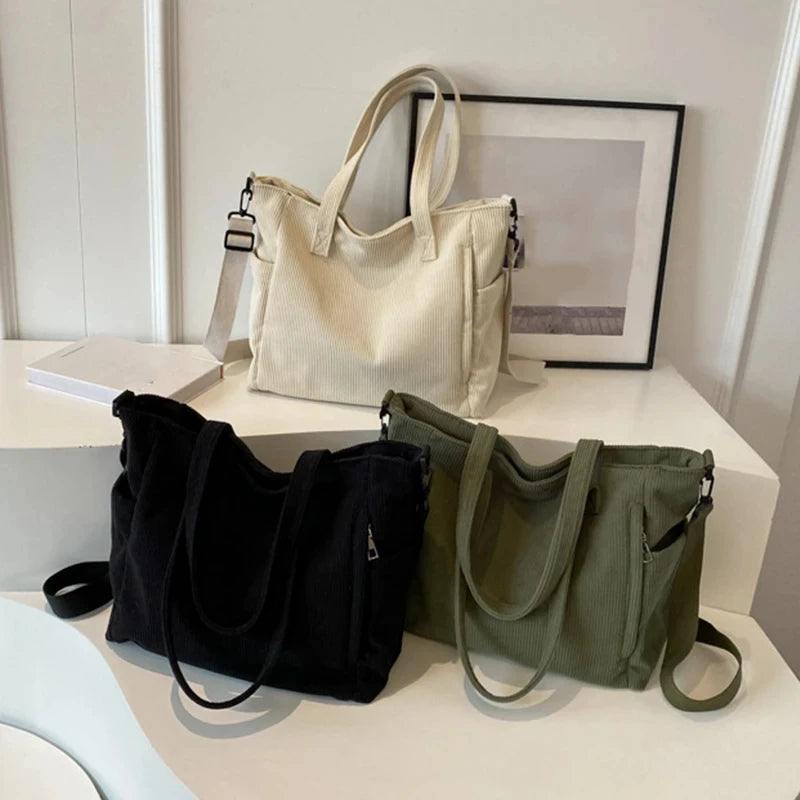Corduroy Large Capacity Commuting Tote | Fashionable Striped Velvet Shoulder Bag Luxegan