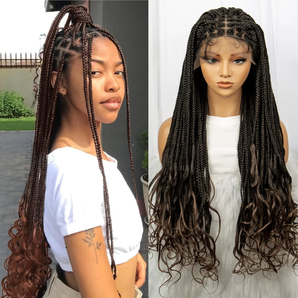 36 Inch Synthetic Braided Wigs Knotless Boho Braided Lace Wigs with Curly Ends Lace Front Braiding Hair Wig for Black Women Luxegan