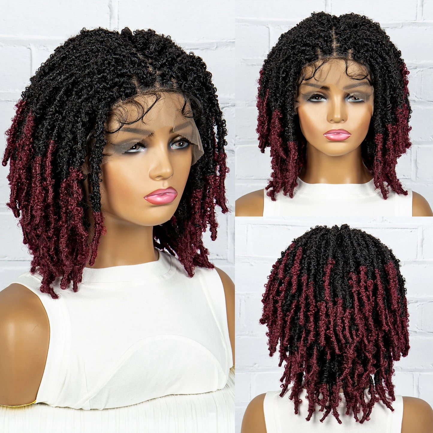 Burgundy Short Faux Locs Wig | Knotless Braids | Synthetic Lace Front | With Baby Hair | For Women