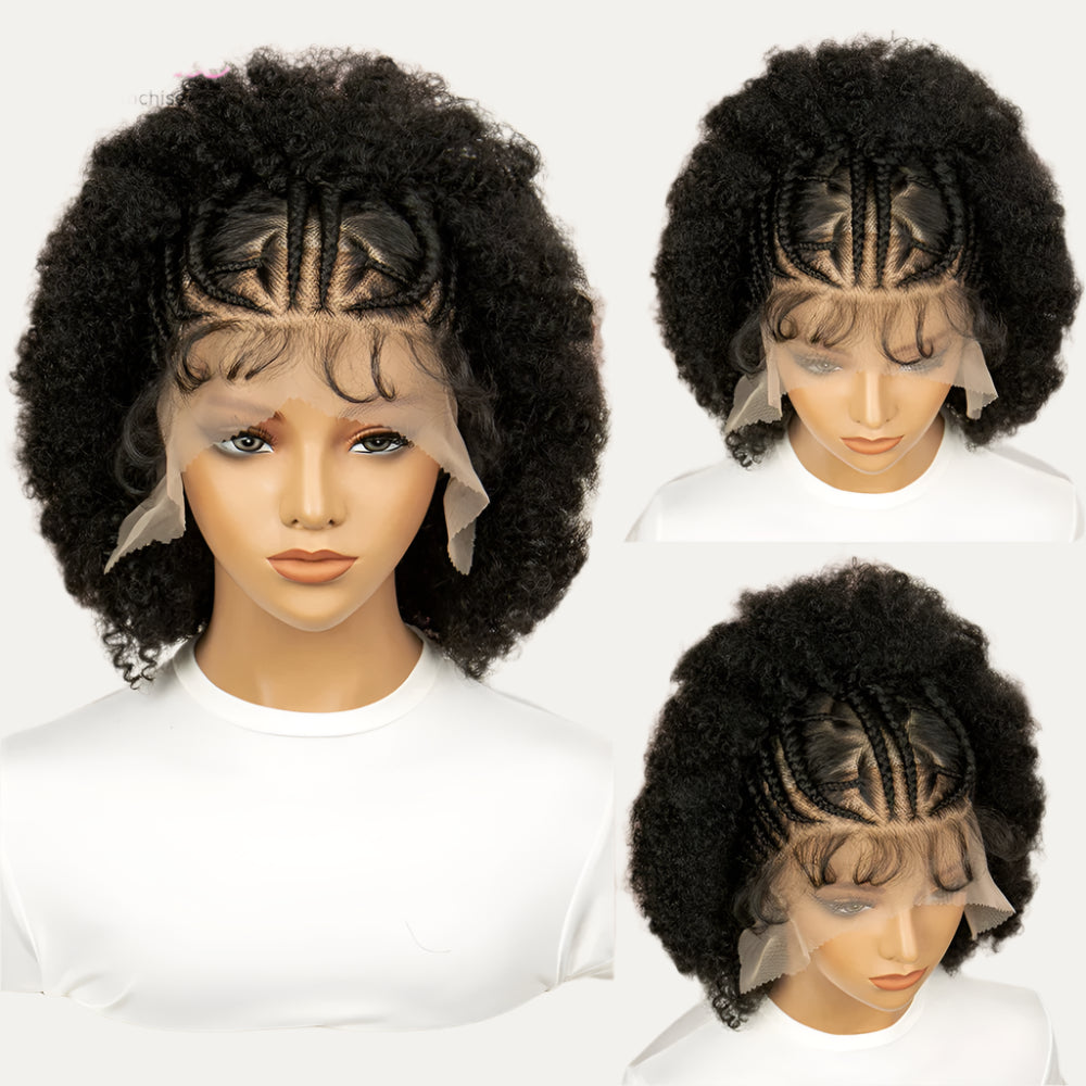 8" Afro Kinky Curly Short Braided Wig | Full Lace Knotless Braids | Synthetic Kanekalon Hair