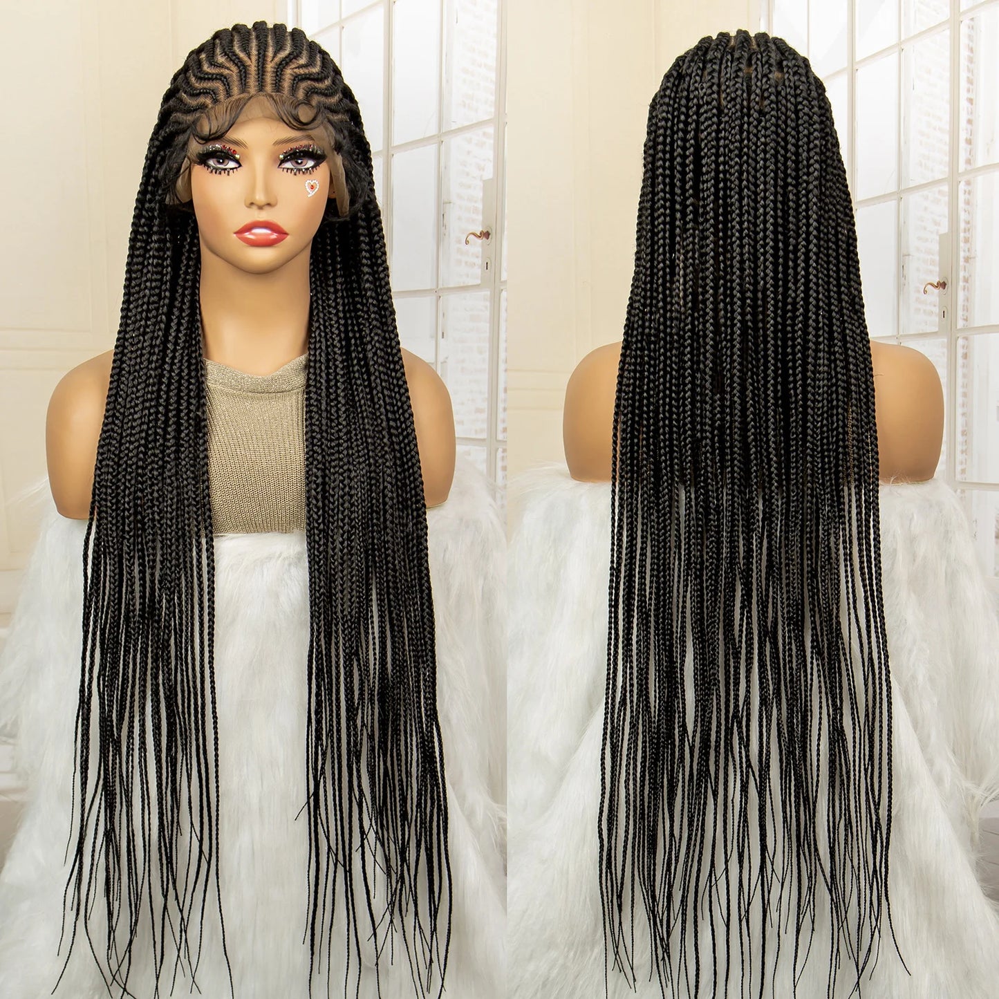 34" Handmade Cornrow & Box Braids Wig | HD Full Lace | Knotless Braids | Synthetic Hair | Black Women