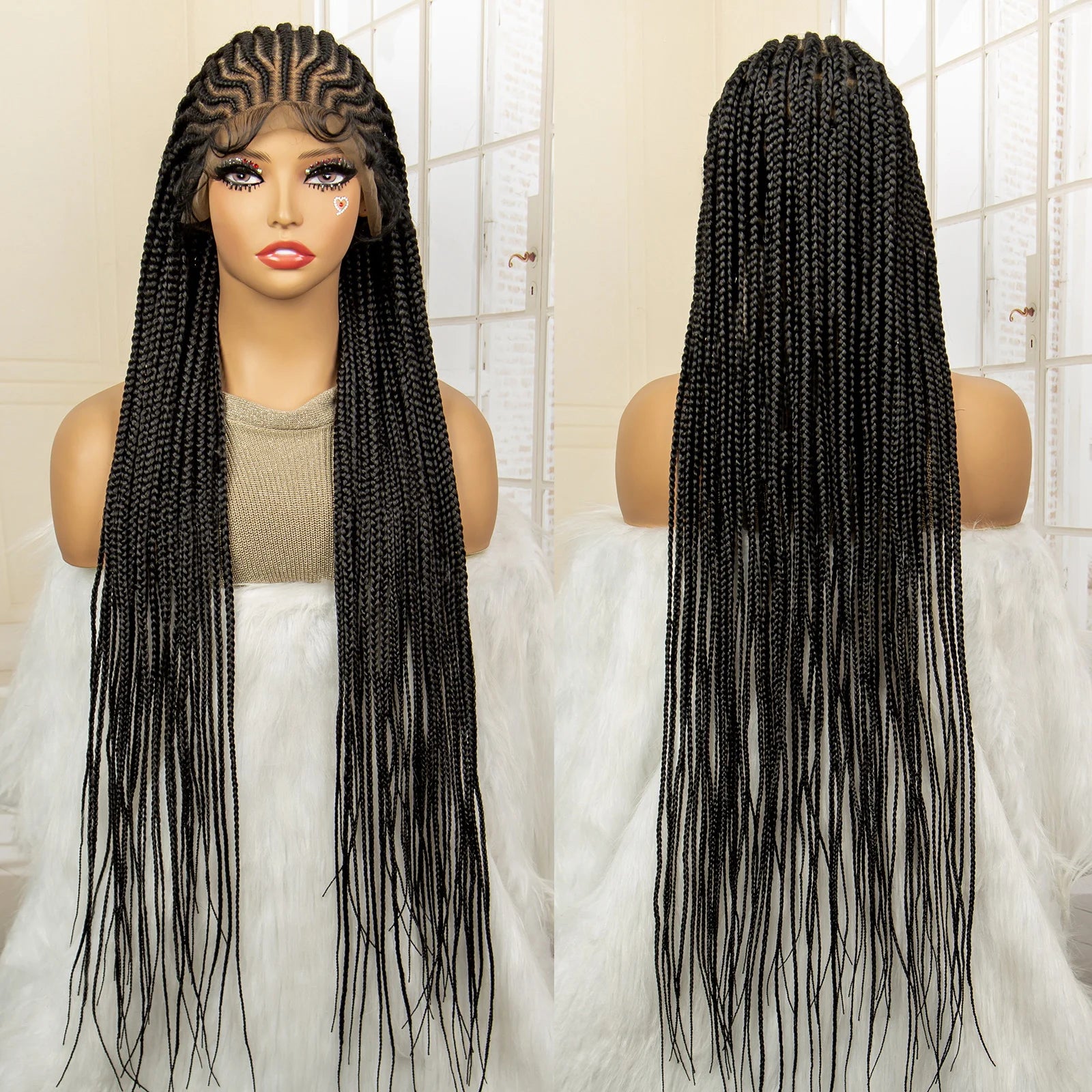 34" Handmade Cornrow & Box Braids Wig | HD Full Lace | Knotless Braids | Synthetic Hair | Black Women