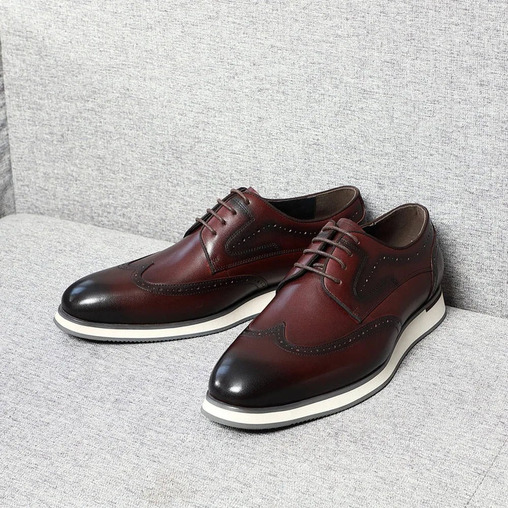 Men's Natural Cowhide Genuine Leather Derby Dress Shoes | Brogue Wingtip Flat Shoes (Black, Wine Red) Luxegan
