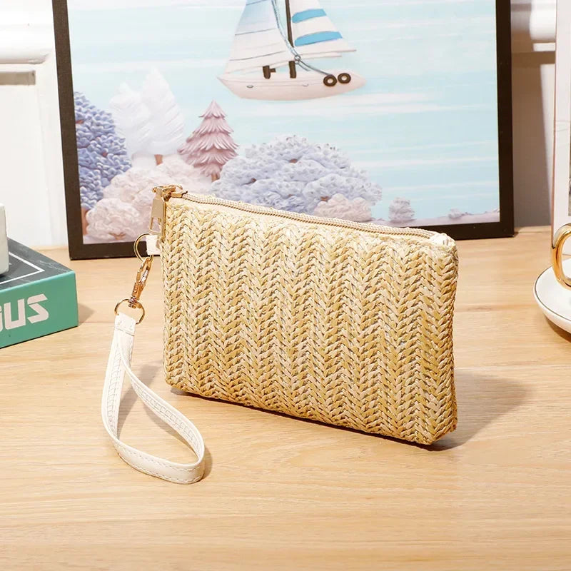 Women’s Summer Retro Straw Woven Handbag | Colorful Bohemian Woven Wristlet & Beach Wallet | Handmade Grass Knitting Clutch & Coin Purse Luxegan