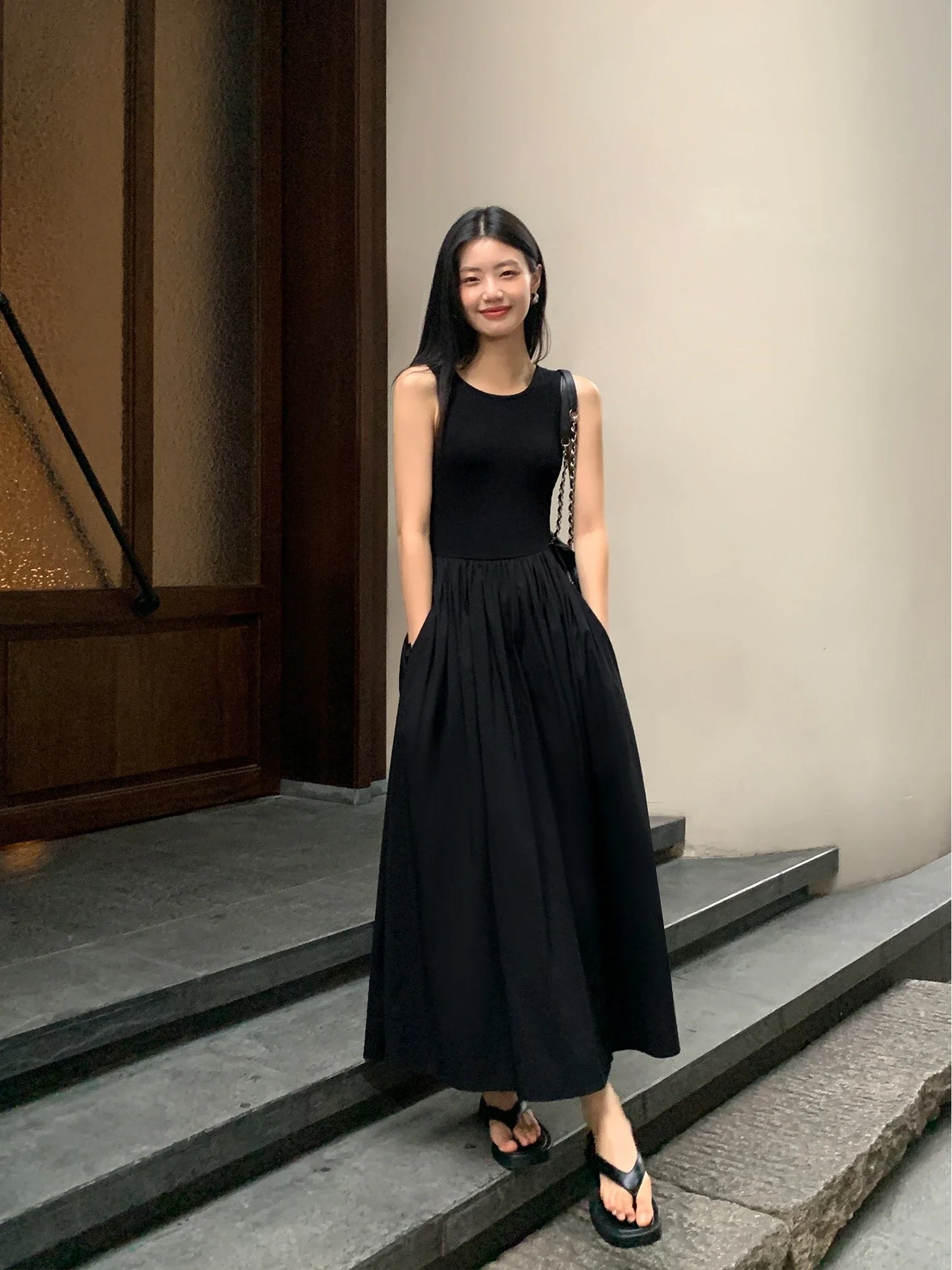 Spaghetti Strap Patchwork A-Line Midi Dress | Sleeveless Slim Elegant Y2K Casual Bodycon Dress Luxegan