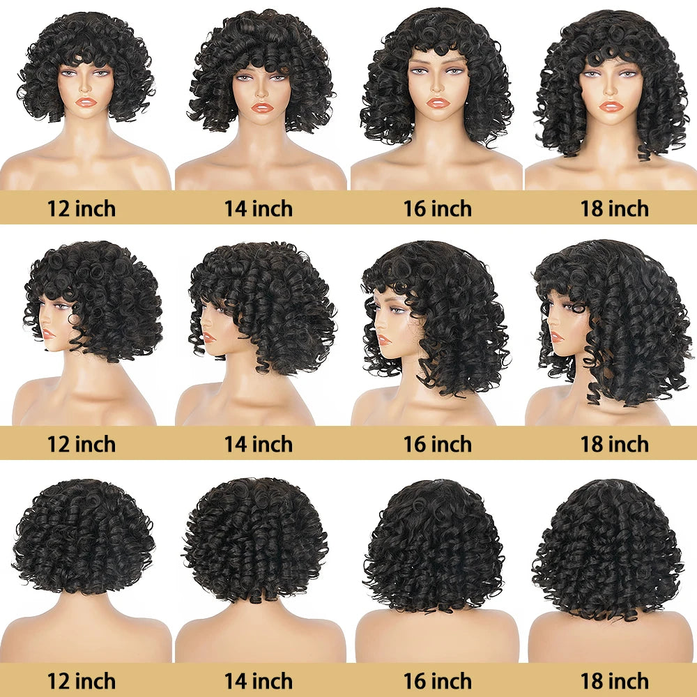 Short Curly Bob Wig Human Hair with Bangs - Glueless Funmi Curly Wig, Brazilian Remy Hair, Ready to Go