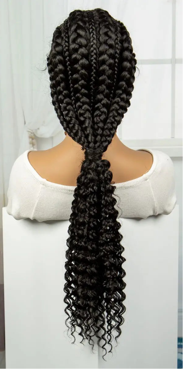 28" Burgundy Knotless Braids Wig with Curly Ends | Lace Front | Baby Hair Luxegan