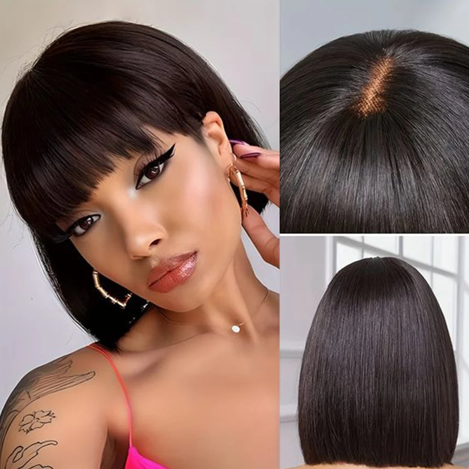 Mongolian Straight Bob Wig with Bangs | Glueless Middle Part Lace Human Hair (Realistic Scalp) Luxegan