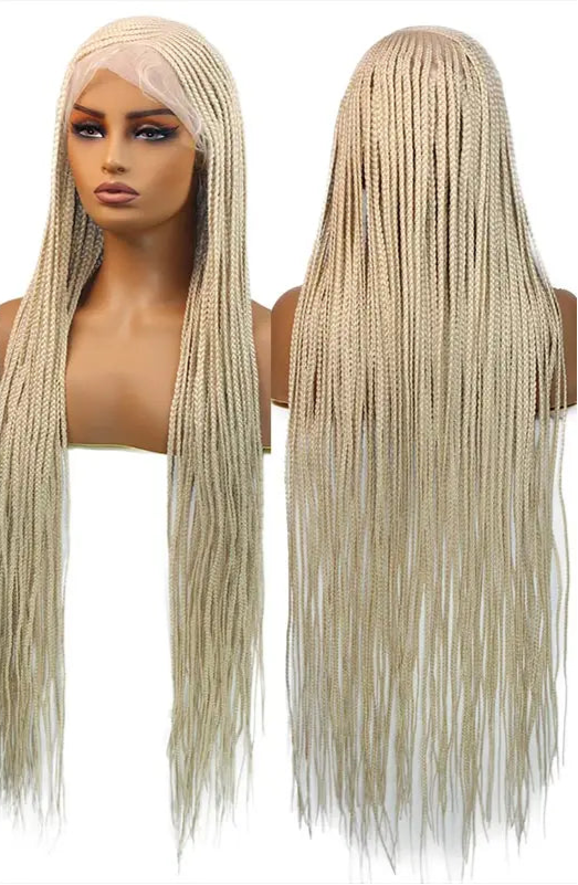 36" Blonde Cornrow Box Braided Wig | 613 Synthetic | Full Lace Front | Side Part | For Women