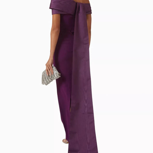 Stole Draped Straight Evening Dress | Off-Shoulder Sleeveless Floor-Length Gown - view 2