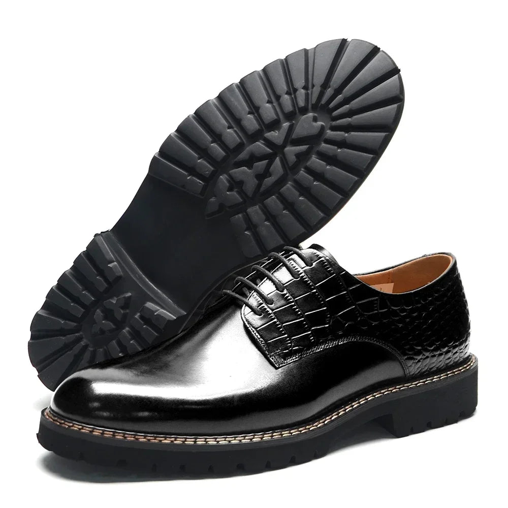 Designer Men's Genuine Leather Casual Derby Shoes | Crocodile Print Business & Social Sneakers (Height Increasing) Luxegan