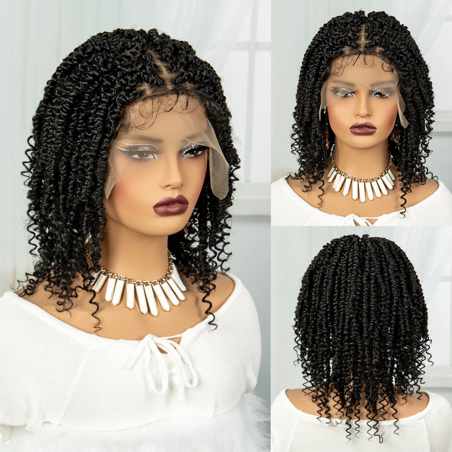 Knotless Box Braided Bob Wig with Curly Ends | Short Twist Braids | Synthetic Lace Front Wig | Handmade for Black Women Luxegan