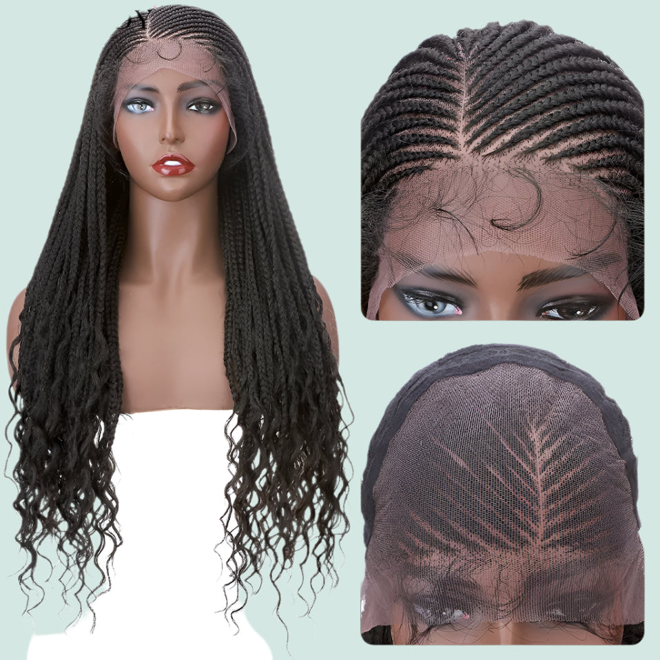 28" Braided Wig | Cornrow Braids with Curly Ends | Lace Front Wig | Baby Hair | Synthetic Hair | Black Women