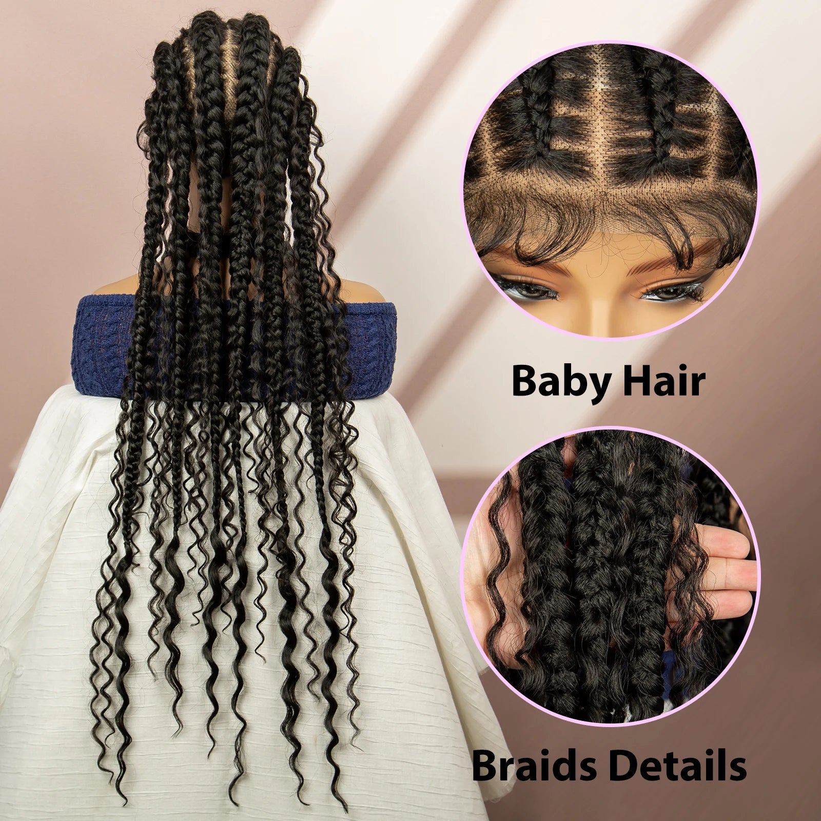 34" Cornrow Braided Wig | Full Lace | Baby Hair | Boho Braids | Kanekalon Synthetic Luxegan