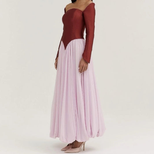 Sequined Draped A-Line Prom Dress | Off-Shoulder Full Sleeve Ankle-Length Gown - view 2