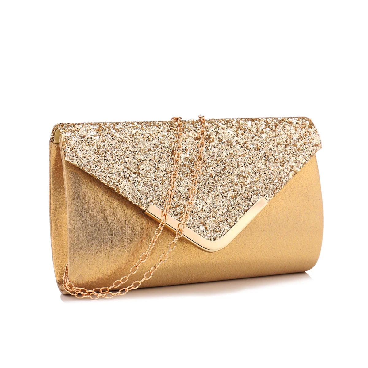 Sequined Envelope Clutch | Hard Silver V Design Metal Chain Evening Bag Luxegan