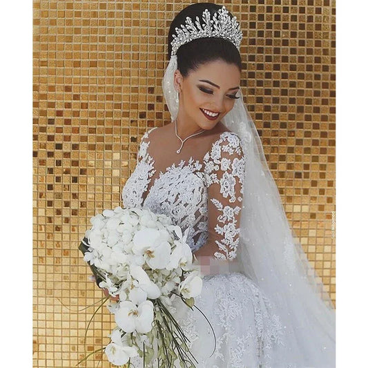 Vestidos de novia musulmanes brillantes de encaje, sirena, lujosos, moda femenina, con ilusión de calcomanía, de manga larga, para boda 2024, Vestidos de Mujer
