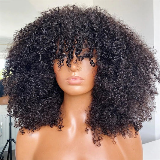 250% Density Afro Curly Short Bob Human Hair Wig with Bangs - Full Machine-Made Glueless Sparkle Curl Wig - 100% Brazilian Remy Human Hair Wear-and-Go Afro Fringe Wig for Black Women Luxegan