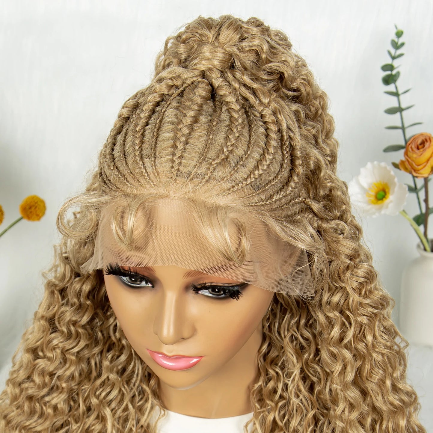 Kima Ombre Cornrow & Curly Ponytail Wig | 13x4 Lace Front | Half Updo | Synthetic Hair | Black Women