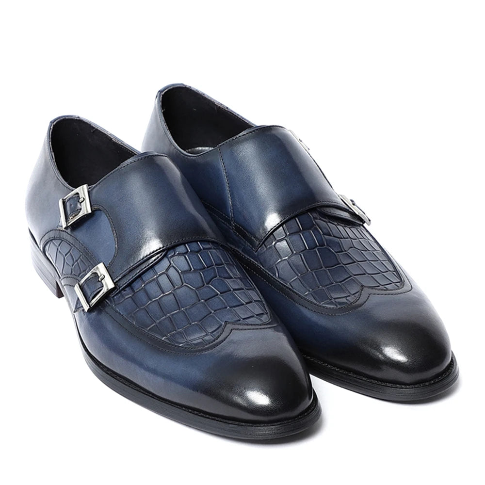 Elegant Men's Genuine Leather Monk Strap Shoes | Stone Pattern Print Double Buckle & Cap Toe (Business, Party, Social) Luxegan
