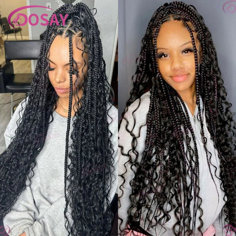 Boho Box Braided Wigs Synthetic Curly Wig Full Lace Front Wigs For Women 32" Goddess Braids Wig African Bohemian Braiding Hair Luxegan