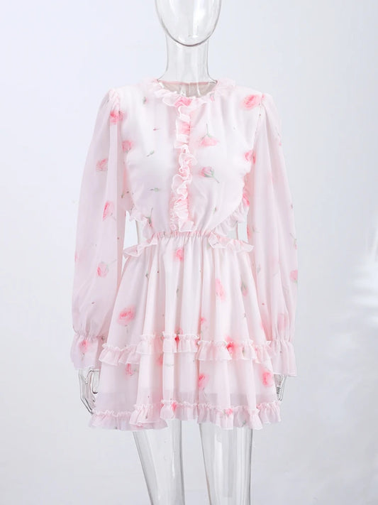 Print Long Puff Sleeve Ruffle Hem Mini Dress – 3 Style Options, Spring/Summer Luxegan