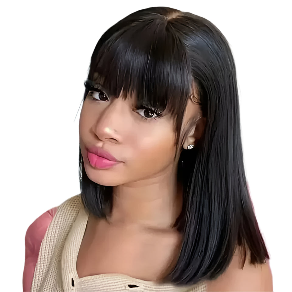 Reddish Brown Bob Wig | Straight Human Hair Lace Front with Bangs Luxegan