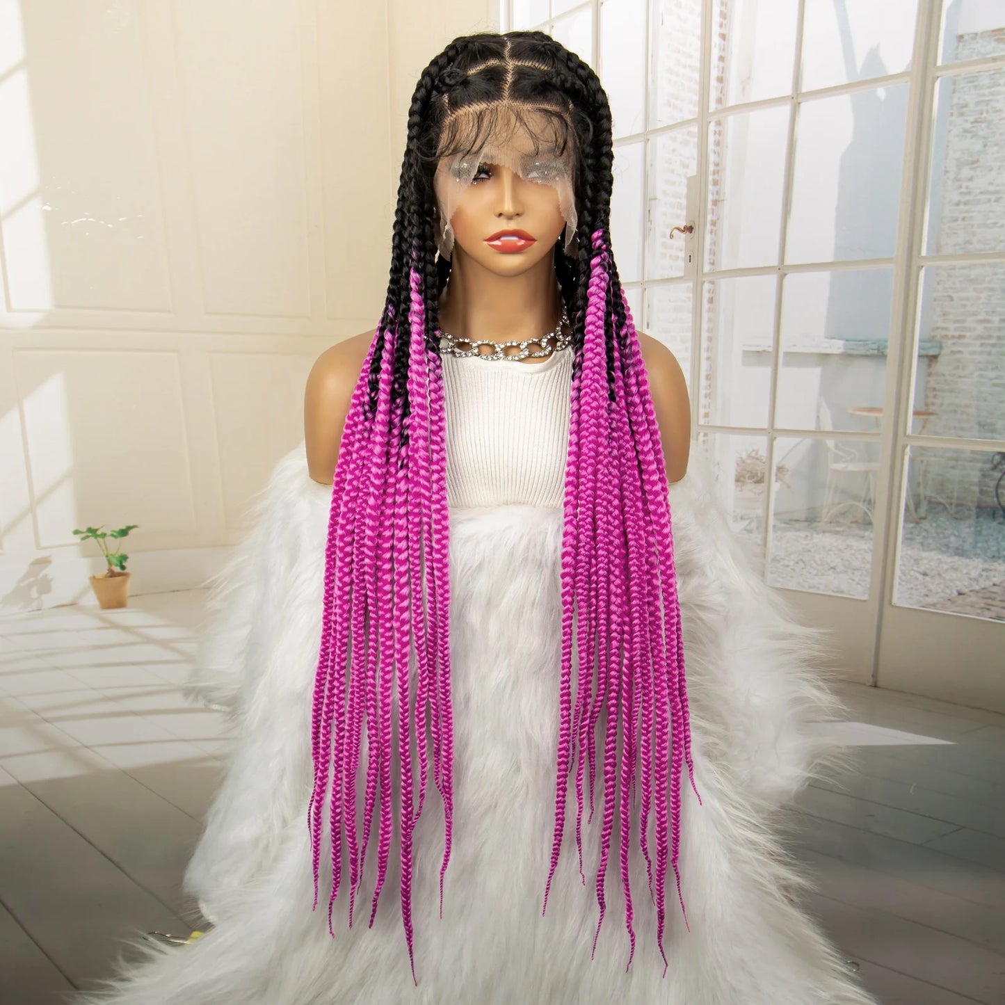 36" Big Knotless Box Braided Full Lace Wig | Cornrow Braiding Wig | Baby Hair | Synthetic Braids | For Women