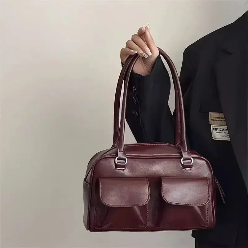 Vintage Women's Business Shoulder Bags | Simple Ladies Commute Tote Bag & PU Leather Female Underarm Bag (Burgundy Large Handbags Purse) Luxegan