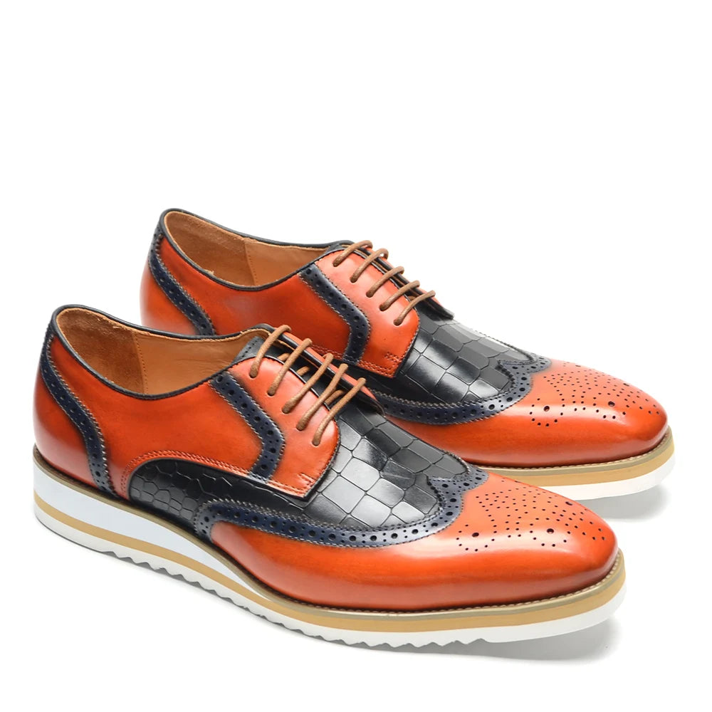 Italy Men's Wingtip Derby Shoes | Classic Modern Color Block Oxfords (Height Increasing, Genuine Leather) Luxegan