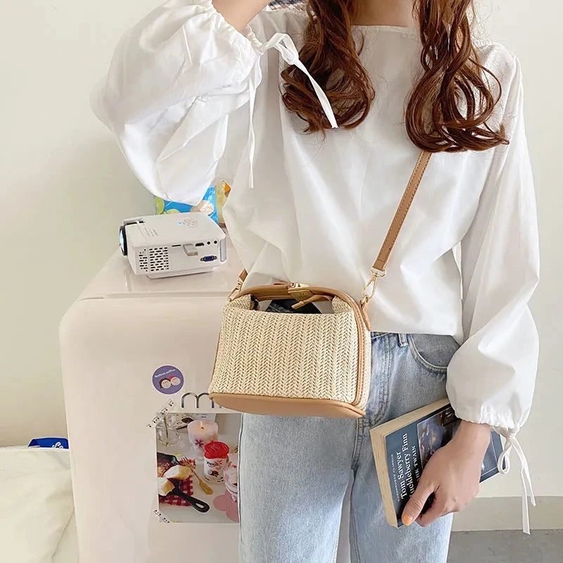 Bohemian Small Knitting Straw Bucket Bag | Casual Summer Crossbody Luxegan