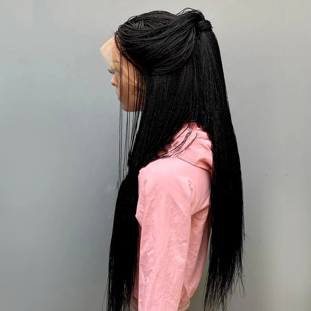 28" Micro Twist Braided Wig | 1B Black | Front Lace | Glueless | Petite Cap | For Black Women