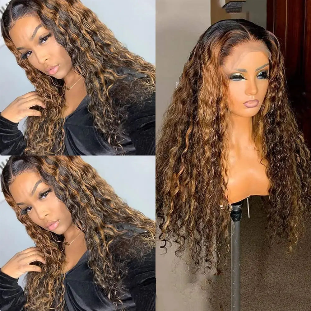 Sleek Curly Human Hair Wig | Brown Highlights | 13x1 T Part Lace Wig | Brazilian Remy Hair | Water Wave