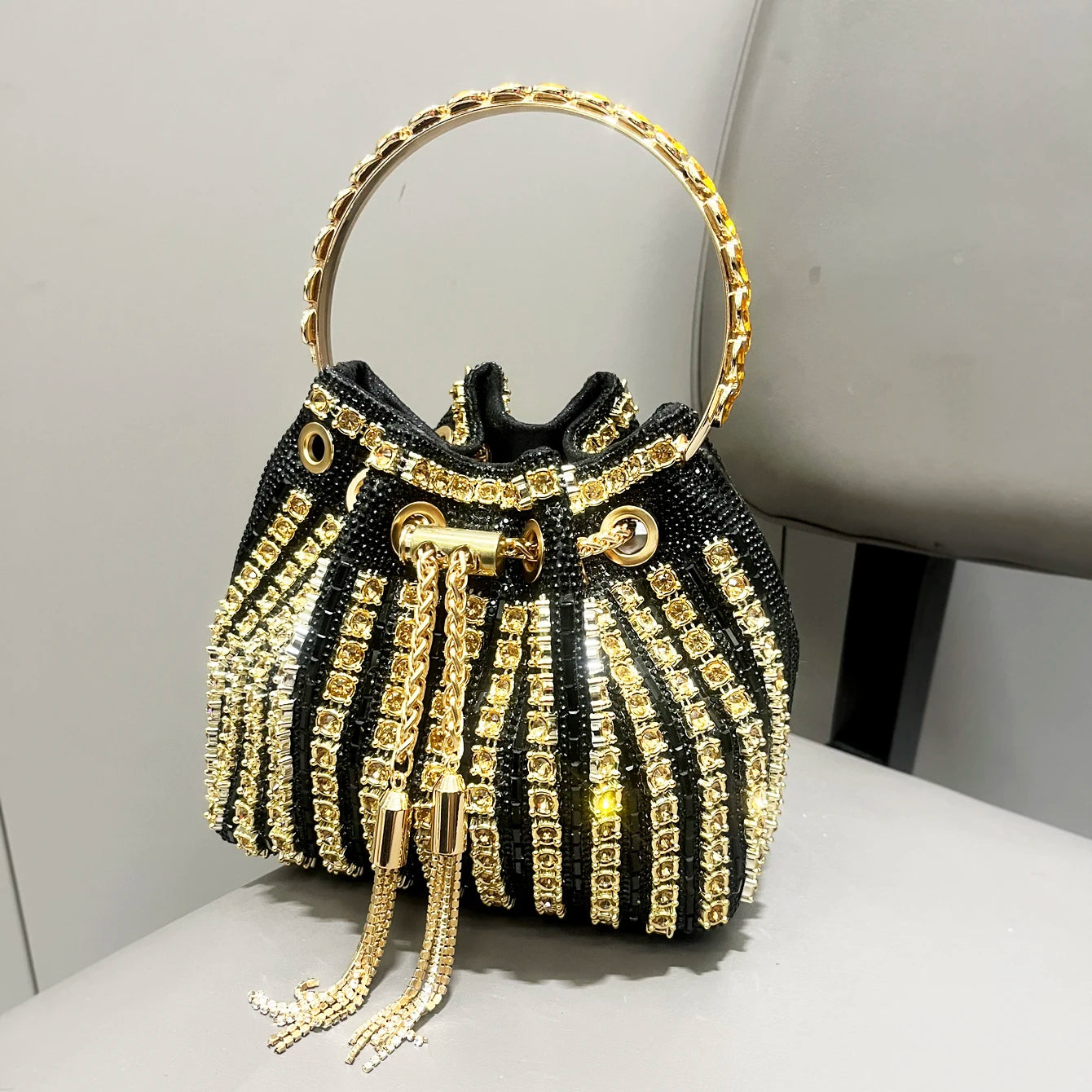 Polyester Fashion Bucket Clutch | Luxury Designer Rhinestone Evening Bag Luxegan