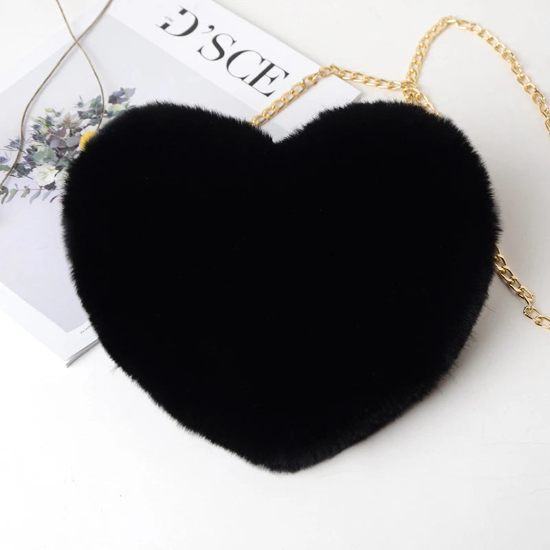 Corduroy Floral Casual Tote | Soft Cute Heart-Shaped Faux Fur Chain Shoulder Bag Luxegan